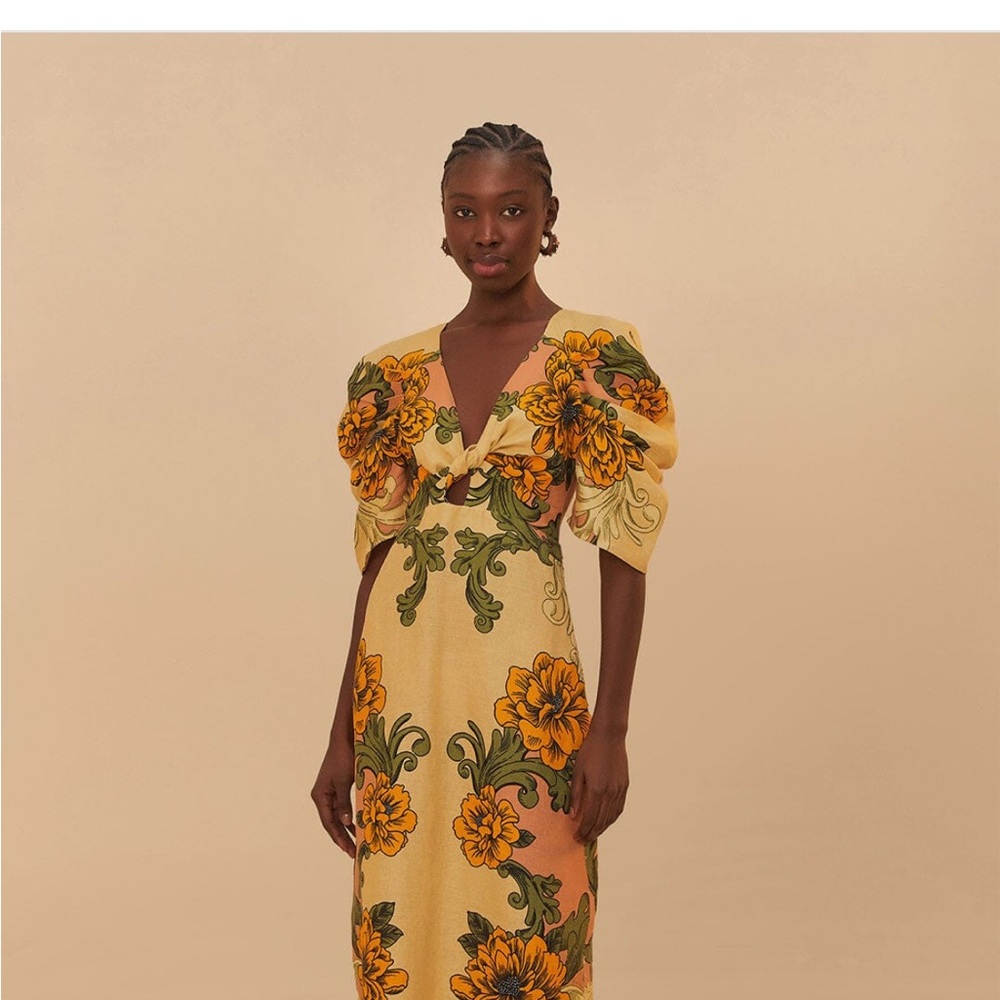 FARM Rio Crème delicate flower arabesque Euroflax ™ premium Linen Midi Dress